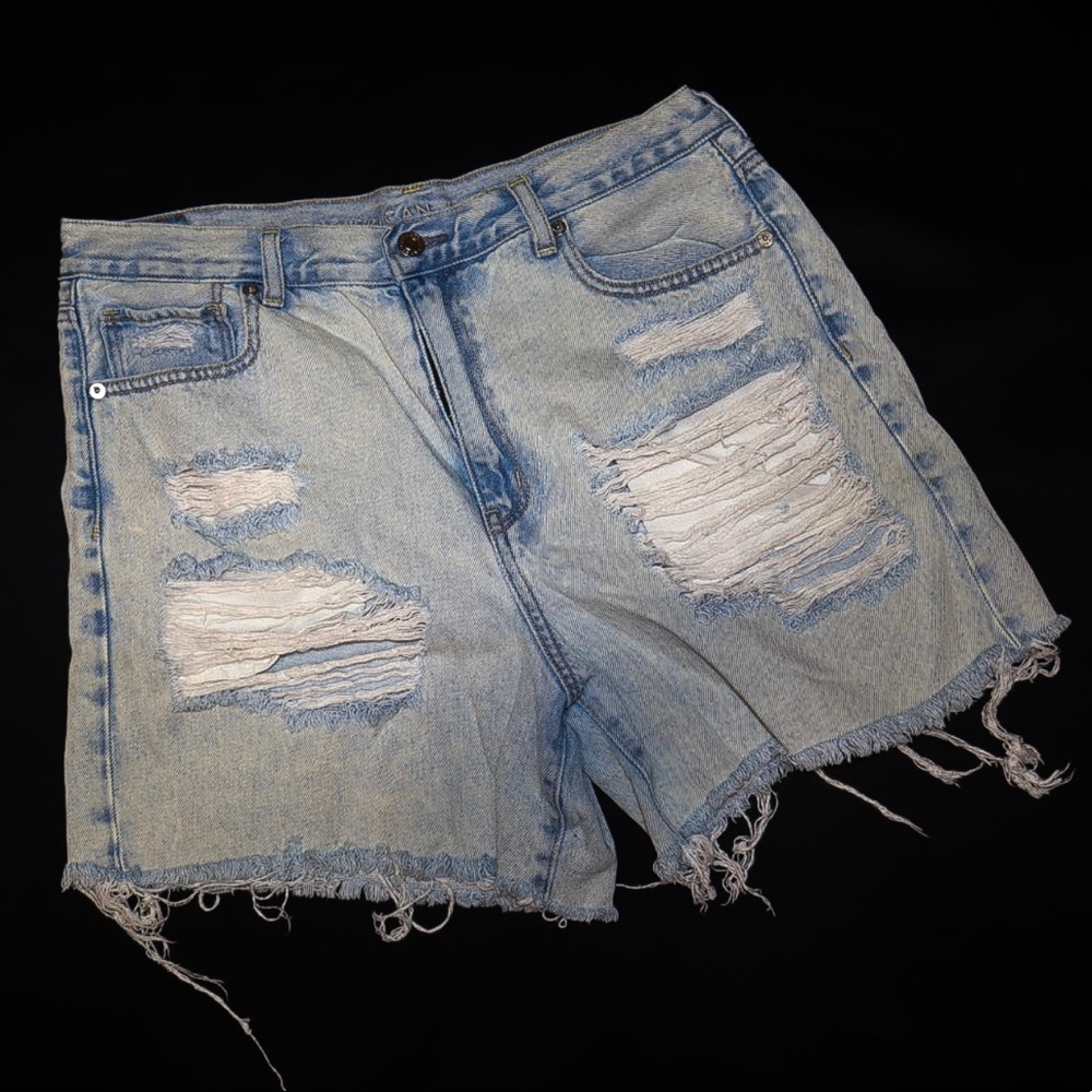 High-Waisted Ripped Denim “Mom” Shorts